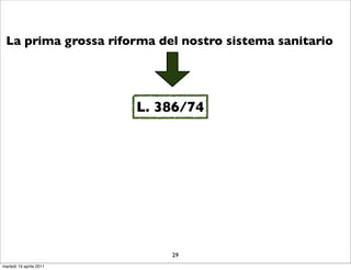 La prima grossa riforma del nostro sistema sanitario




                         L. 386/74




                             29
martedì 19 aprile 2011
 