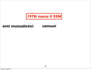 1978: nasce il SSN

   enti mutualistici             comuni




                                  32
martedì 19 aprile 2011
 