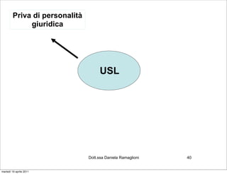 Priva di personalità
              giuridica




                                      USL




                                Dott.ssa Daniela Ramaglioni   40


martedì 19 aprile 2011
 