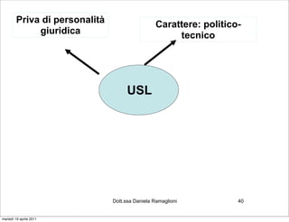 Priva di personalità                     Carattere: politico-
              giuridica                                tecnico




                                      USL




                                Dott.ssa Daniela Ramaglioni          40


martedì 19 aprile 2011
 