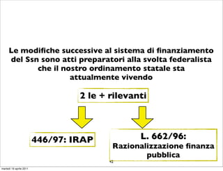 Le modiﬁche successive al sistema di ﬁnanziamento
     del Ssn sono atti preparatori alla svolta federalista
            che il nostro ordinamento statale sta
                     attualmente vivendo

                                  2 le + rilevanti



                         446/97: IRAP           L. 662/96:
                                          Razionalizzazione ﬁnanza
                                                  pubblica
                                         42
martedì 19 aprile 2011
 