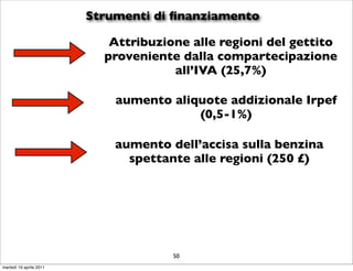Strumenti di ﬁnanziamento

                            Attribuzione alle regioni del gettito
                           proveniente dalla compartecipazione
                                      all’IVA (25,7%)

                             aumento aliquote addizionale Irpef
                                         (0,5-1%)

                             aumento dell’accisa sulla benzina
                               spettante alle regioni (250 £)




                                      50
martedì 19 aprile 2011
 