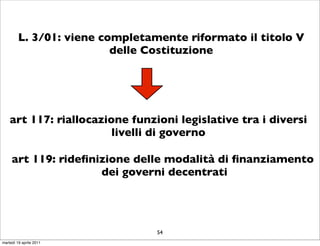 L. 3/01: viene completamente riformato il titolo V
                          delle Costituzione




    art 117: riallocazione funzioni legislative tra i diversi
                        livelli di governo

     art 119: rideﬁnizione delle modalità di ﬁnanziamento
                     dei governi decentrati




                                 54
martedì 19 aprile 2011
 