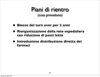 Piani di rientro
                                     (cosa prevedono)


                     • Blocco del turn over per 2 anni
                     • Riorganizzazione della rete ospedaliera
                         con riduzione di posti letto

                     • Introduzione distribuzione diretta dei
                         farmaci




                                            61
martedì 19 aprile 2011
 