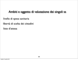 Ambiti e oggetto di valutazione dei singoli ss

      livello di spesa sanitaria
     libertà di scelta dei cittadini
      liste d’attesa




                                         68
martedì 19 aprile 2011
 