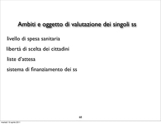 Ambiti e oggetto di valutazione dei singoli ss

      livello di spesa sanitaria
     libertà di scelta dei cittadini
      liste d’attesa
      sistema di ﬁnanziamento dei ss




                                         68
martedì 19 aprile 2011
 