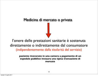 Medicina di mercato o privata




                  l’onere delle prestazioni sanitarie è sostenuta
                 direttamente o indirettamente dal consumatore
                         (indipendentemente dalla titolarità del servizio)
                           paziente ricoverato in una camera a pagamento di un
                            ospedale pubblico instaura una tipica transazione di
                                                  mercato



                                                   11
martedì 19 aprile 2011
 