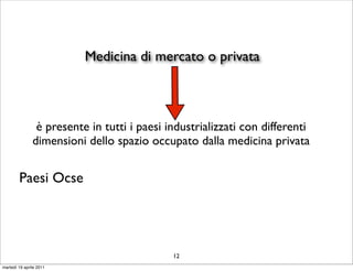 Medicina di mercato o privata



                è presente in tutti i paesi industrializzati con differenti
               dimensioni dello spazio occupato dalla medicina privata


        Paesi Ocse




                                             12
martedì 19 aprile 2011
 