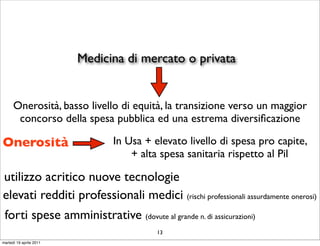 Medicina di mercato o privata


      Onerosità, basso livello di equità, la transizione verso un maggior
       concorso della spesa pubblica ed una estrema diversiﬁcazione

Onerosità                      In Usa + elevato livello di spesa pro capite,
                                   + alta spesa sanitaria rispetto al Pil

utilizzo acritico nuove tecnologie
elevati redditi professionali medici (rischi professionali assurdamente onerosi)
 forti spese amministrative (dovute al grande n. di assicurazioni)
                                         13
martedì 19 aprile 2011
 