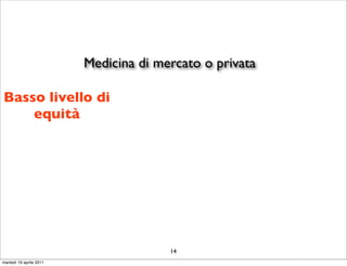 Medicina di mercato o privata

Basso livello di
    equità




                                       14
martedì 19 aprile 2011
 