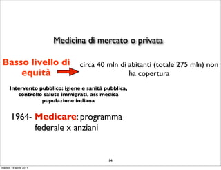 Medicina di mercato o privata

Basso livello di                 circa 40 mln di abitanti (totale 275 mln) non
    equità                                       ha copertura
      Intervento pubblico: igiene e sanità pubblica,
         controllo salute immigrati, ass medica
                  popolazione indiana


       1964- Medicare: programma
             federale x anziani


                                            14
martedì 19 aprile 2011
 