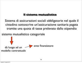 Il sistema mutualistico

         Sistema di assicurazioni sociali obbligatorie nel quale il
         cittadino sottoscrive un’assicurazione sanitaria pagata
          tramite una quota di tasse prelevato dallo stipendio
  sistema mutualistico categoriale


                                ente ﬁnanziatore
   dà luogo ad un
 modello contrattuale

                                     16
martedì 19 aprile 2011
 