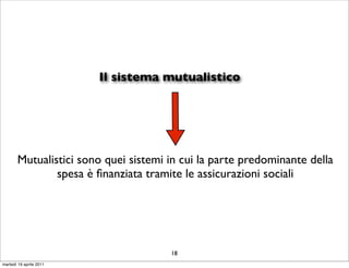 Il sistema mutualistico




       Mutualistici sono quei sistemi in cui la parte predominante della
               spesa è ﬁnanziata tramite le assicurazioni sociali




                                      18
martedì 19 aprile 2011
 