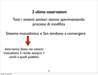 2 ultime osservazioni
                         Tutti i sistemi sanitari stanno sperimentando
                                       processi di modiﬁca

         Sistema mutualistico e Ssn tendono a convergere


      Intervento Stato nei sistemi
     mutualistici li rende sempre +
          simili a quelli pubblici


                                               22
martedì 19 aprile 2011
 