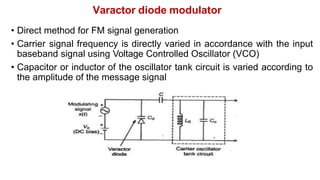 Varactor diode modulator
• Direct method for FM signal generation
• Carrier signal frequency is directly varied in accordance with the input
baseband signal using Voltage Controlled Oscillator (VCO)
• Capacitor or inductor of the oscillator tank circuit is varied according to
the amplitude of the message signal
 