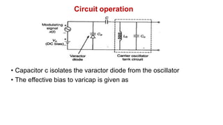 Circuit operation
• Capacitor c isolates the varactor diode from the oscillator
• The effective bias to varicap is given as
 