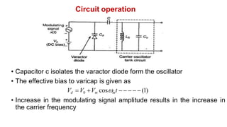 Circuit operation
• Capacitor c isolates the varactor diode form the oscillator
• The effective bias to varicap is given as
Vd V0 Vm cosmt     (1)
• Increase in the modulating signal amplitude results in the increase in
the carrier frequency
 