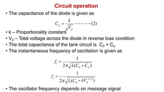 Circuit operation
• The capacitance of the diode is given as
• k – Proportionality constant
• Vd – Total voltage across the diode in reverse bias condition
• The total capacitance of the tank circuit is C0 + Cd
• The instantaneous frequency of oscillation is given as
• The oscillator frequency depends on message signal
    (2)
d
d
C 
V
k
1
0 d
i
f 
2 L(C C )
1
0 d
 kV 1/2
)
2 L(C
i
f 
 