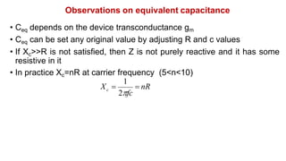 Observations on equivalent capacitance
• Ceq depends on the device transconductance gm
• Ceq can be set any original value by adjusting R and c values
• If Xc>>R is not satisfied, then Z is not purely reactive and it has some
resistive in it
• In practice Xc=nR at carrier frequency (5<n<10)
 nR
1
2fc
c
X 
 