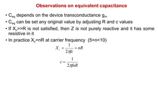 Observations on equivalent capacitance
• Ceq depends on the device transconductance gm
• Ceq can be set any original value by adjusting R and c values
• If Xc>>R is not satisfied, then Z is not purely reactive and it has some
resistive in it
• In practice Xc=nR at carrier frequency (5<n<10)
 nR
1
2fc
c
X 
1
2fnR
c 
 