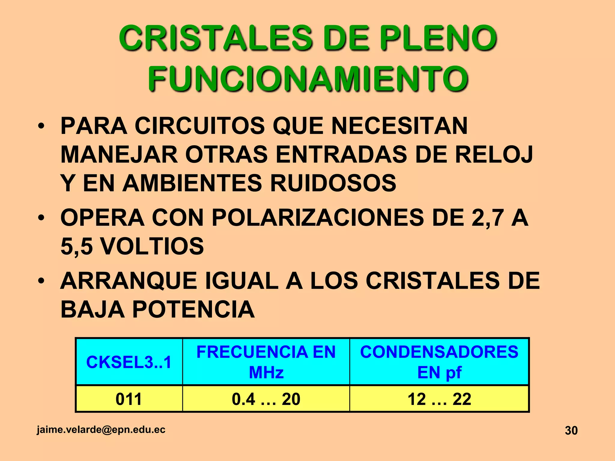 jaime.velarde@epn.edu.ec30CRISTALES DE PLENO FUNCIONAMIENTOPARA CIRCUITOS QUE NECESITAN MANEJAR OTRAS ENTRADAS DE RELOJ Y EN AMBIENTES RUIDOSOSOPERA CON POLARIZACIONES DE 2,7 A 5,5 VOLTIOSARRANQUE IGUAL A LOS CRISTALES DE BAJA POTENCIA