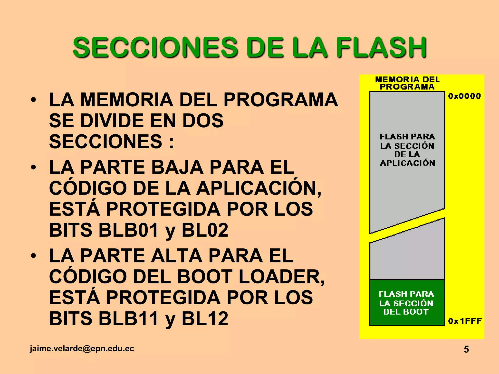 jaime.velarde@epn.edu.ec5SECCIONES DE LA FLASHLA MEMORIA DEL PROGRAMA SE DIVIDE EN DOS SECCIONES :LA PARTE BAJA PARA EL CÓDIGO DE LA APLICACIÓN, ESTÁ PROTEGIDA POR LOS BITS BLB01 y BL02 LA PARTE ALTA PARA EL CÓDIGO DEL BOOTLOADER, ESTÁ PROTEGIDA POR LOS BITS BLB11 y BL12