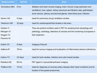10/21/2016 8
Radionuclides Half-life Uses
Technetium-99m 6 hrs Skeleton and heart muscle imaging, brain, thyroid, lungs (perfusion and
ventilation), liver, spleen, kidney (structure and filtration rate), gall bladder,
bone marrow, salivary and lacrimal glands, heart blood pool, infection
Xenon-133 5 days Used for pulmonary (lung) ventilation studies.
Ytterbium-169 32 days Used for cerebrospinal fluid studies in the brain.
Carbon-11
Nitrogen-13
Oxygen-15
Fluorine-18
They are positron emitters used in PET for studying brain physiology and
pathology, cardiology, detection of cancers and the monitoring of progress in
their treatment.
Iodine-131 8 days Imaging of thyroid
Gallium-67 78 hrs Used for tumour imaging and localization of inflammatory lesions (infections).
Indium-111 2.8 days Used for brain studies, infection and colon transit studies
Rubidium-82 65 hrs PET agent in myocardial perfusion imaging
Thallium-201 73 hrs Used for diagnosis of coronary artery disease other heart conditions and for
location of low-grade lymphomas.
 