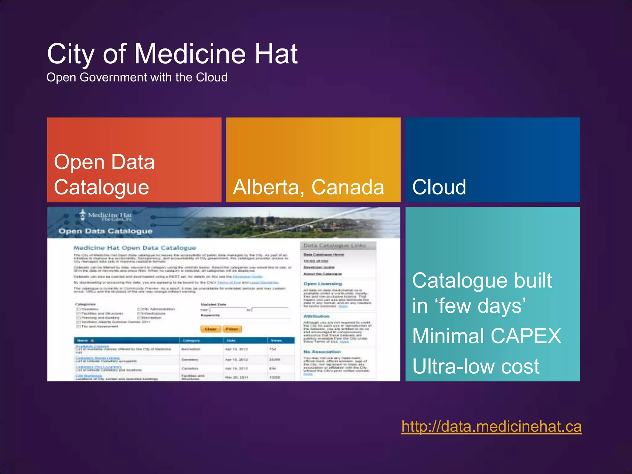 City of Medicine Hat
Open Government with the Cloud




 Open Data
 Catalogue                       Alberta, Canada    Cloud



                                                    Catalogue built
                                                    in „few days‟
                                                    Minimal CAPEX
                                                    Ultra-low cost

                                                   http://data.medicinehat.ca
 