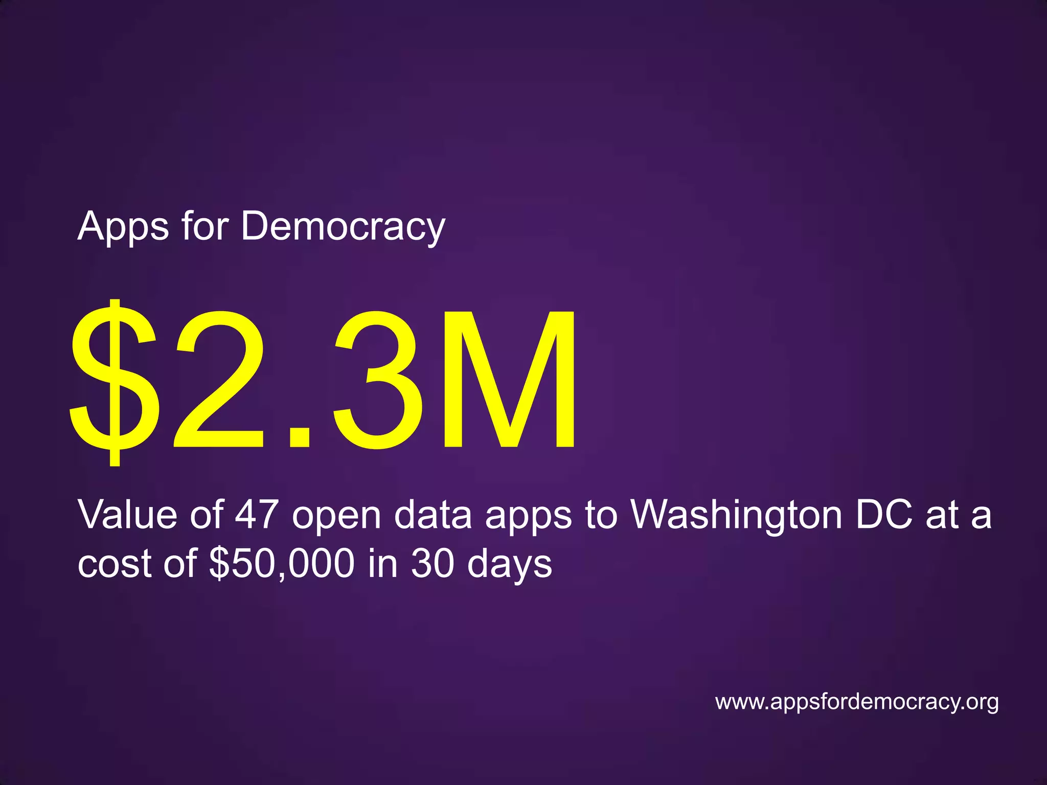 Apps for Democracy




$2.3M
Value of 47 open data apps to Washington DC at a
cost of $50,000 in 30 days


                                 www.appsfordemocracy.org
 