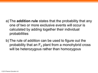 © 2015 Pearson Education Ltd
a) The addition rule states that the probability that any
one of two or more exclusive events will occur is
calculated by adding together their individual
probabilities
b) The rule of addition can be used to figure out the
probability that an F2 plant from a monohybrid cross
will be heterozygous rather than homozygous
 
