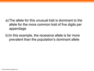 © 2015 Pearson Education Ltd
a) The allele for this unusual trait is dominant to the
allele for the more common trait of five digits per
appendage
b) In this example, the recessive allele is far more
prevalent than the population’s dominant allele
 