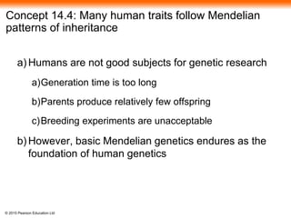 © 2015 Pearson Education Ltd
Concept 14.4: Many human traits follow Mendelian
patterns of inheritance
a) Humans are not good subjects for genetic research
a)Generation time is too long
b)Parents produce relatively few offspring
c)Breeding experiments are unacceptable
b) However, basic Mendelian genetics endures as the
foundation of human genetics
 