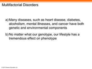 © 2015 Pearson Education Ltd
Multifactorial Disorders
a) Many diseases, such as heart disease, diabetes,
alcoholism, mental illnesses, and cancer have both
genetic and environmental components
b) No matter what our genotype, our lifestyle has a
tremendous effect on phenotype
 