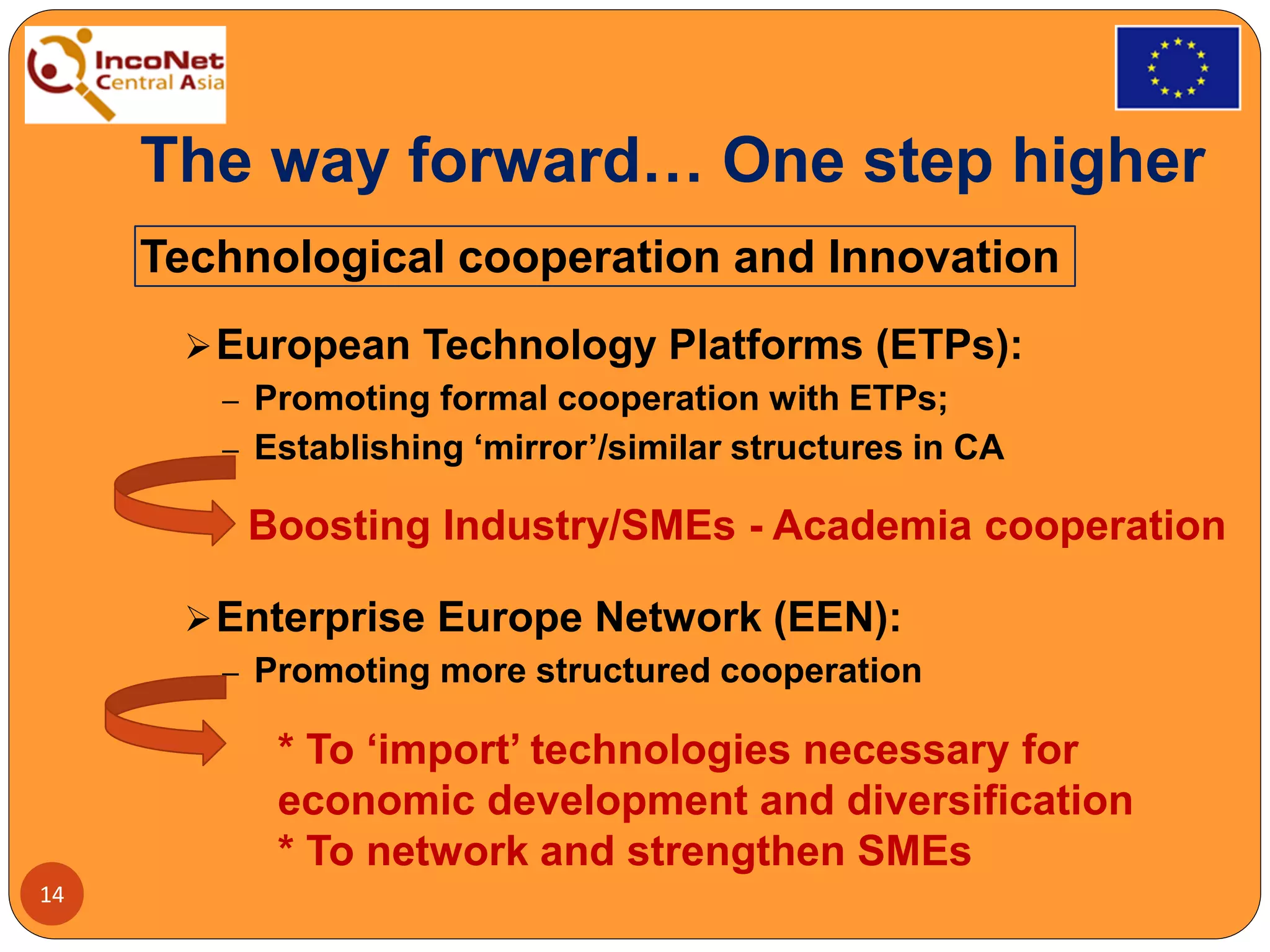 The way forward… One step higher
Technological cooperation and Innovation
European Technology Platforms (ETPs):
‒ Promoting formal cooperation with ETPs;
‒ Establishing ‘mirror’/similar structures in CA
Enterprise Europe Network (EEN):
‒ Promoting more structured cooperation
14
Boosting Industry/SMEs - Academia cooperation
* To ‘import’ technologies necessary for
economic development and diversification
* To network and strengthen SMEs
 