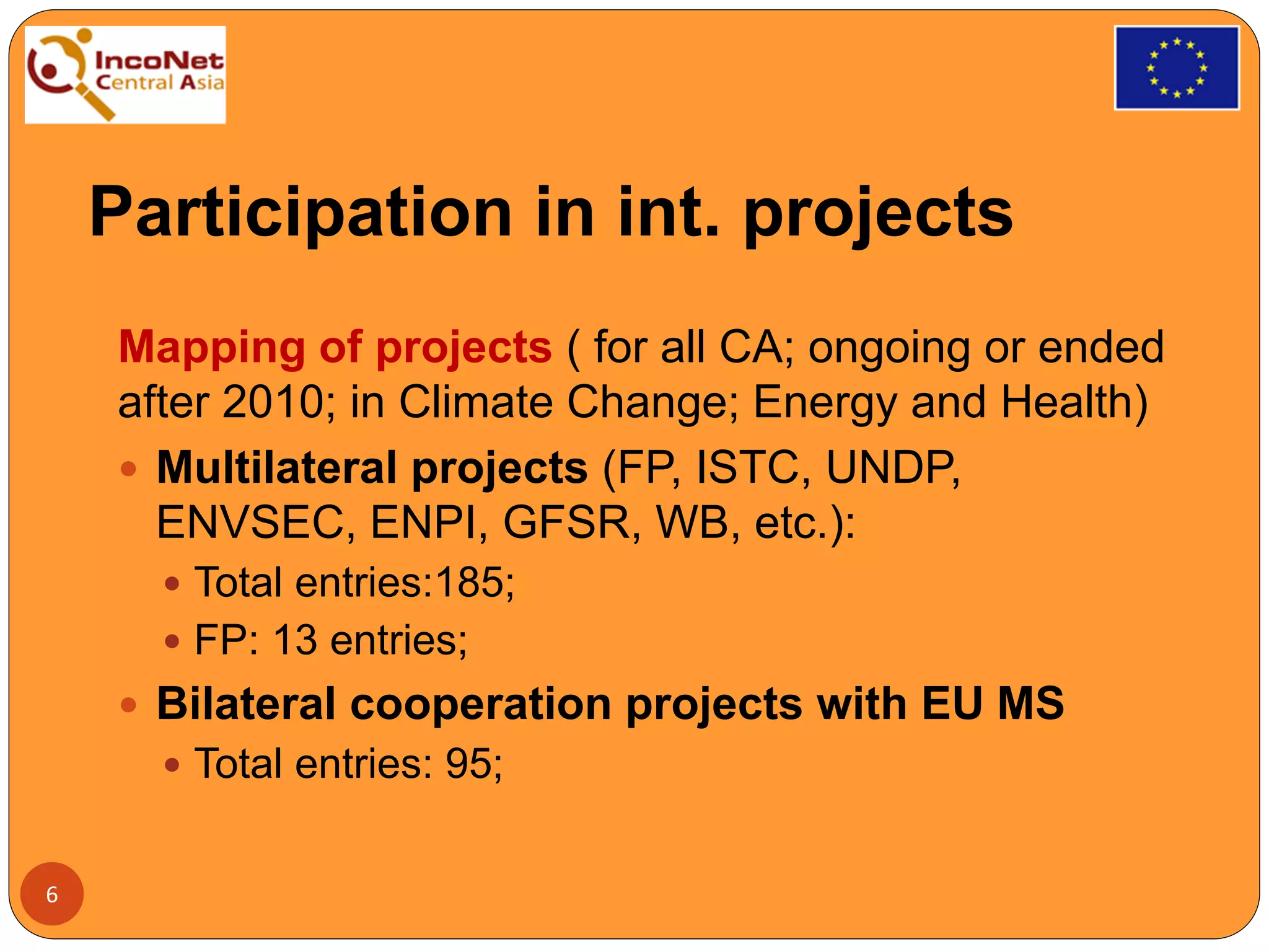 Participation in int. projects
Mapping of projects ( for all CA; ongoing or ended
after 2010; in Climate Change; Energy and Health)
 Multilateral projects (FP, ISTC, UNDP,
ENVSEC, ENPI, GFSR, WB, etc.):
 Total entries:185;
 FP: 13 entries;
 Bilateral cooperation projects with EU MS
 Total entries: 95;
6
 
