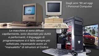 Dagli anni ’90 ad oggi
i Personal Computer
Le macchine si sono diffuse
capillarmente, sono diventate più duttili
e performanti, il linguaggio di
programmazione si è fatto sempre più
sofisticato, impensabile avere un
“manualetto” di istruzioni al Codice
 