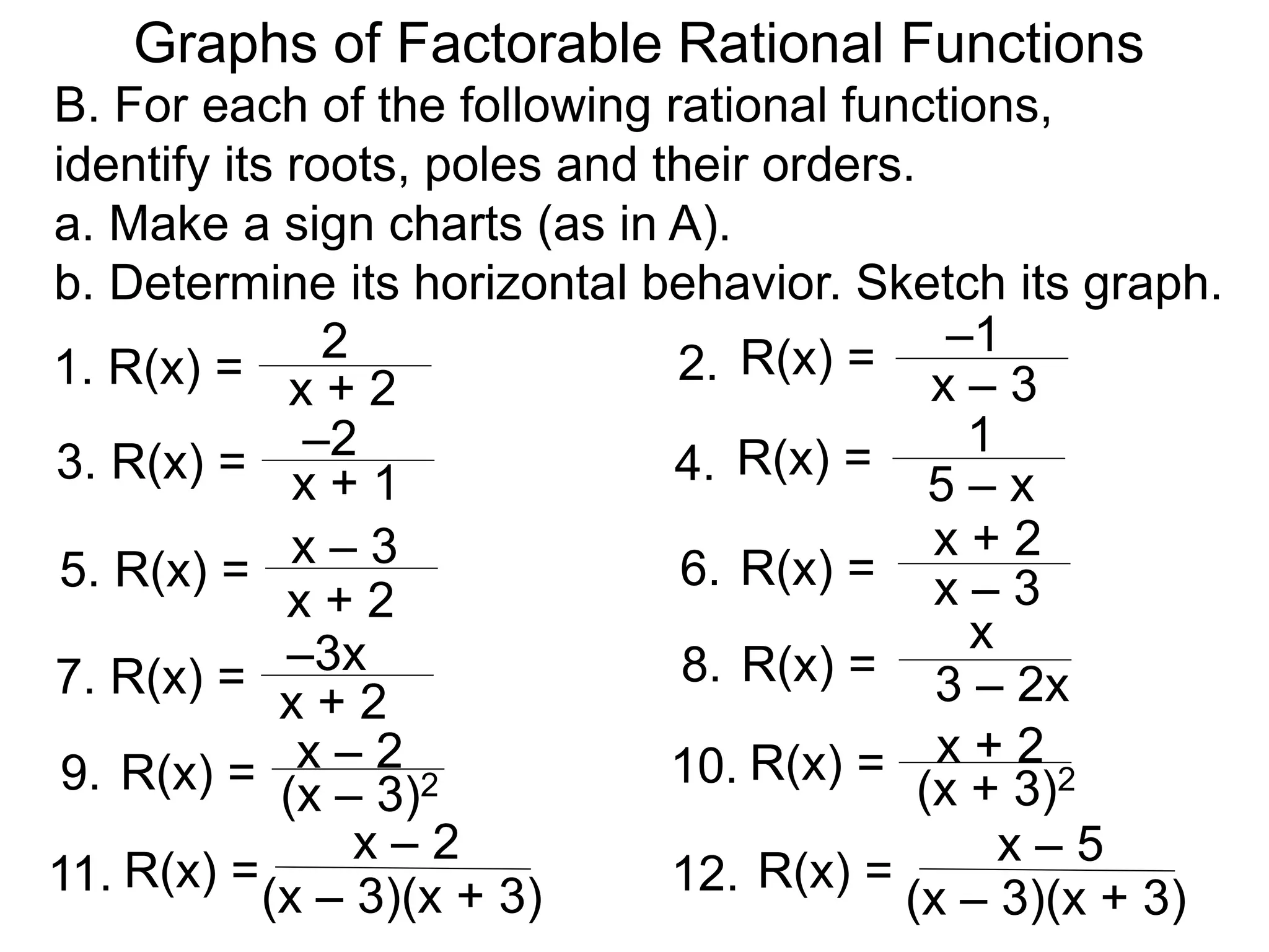B. For each of the following rational functions,
identify its roots, poles and their orders.
a. Make a sign charts (as in A).
b. Determine its horizontal behavior. Sketch its graph.
1. R(x) = 2. x – 3
x + 2
2 R(x) = –1
5. R(x) = 6. x – 3
x + 2
x – 3 R(x) =
x + 2
3. R(x) = 4. 5 – x
x + 1
–2 R(x) = 1
9. (x – 3)2
R(x) = x – 2
7. R(x) = 8. 3 – 2x
x + 2
–3x R(x) =
x
10. (x + 3)2
R(x) = x + 2
11. (x – 3)(x + 3)
R(x) =
x – 2
12. R(x) =
(x – 3)(x + 3)
x – 5
Graphs of Factorable Rational Functions
 