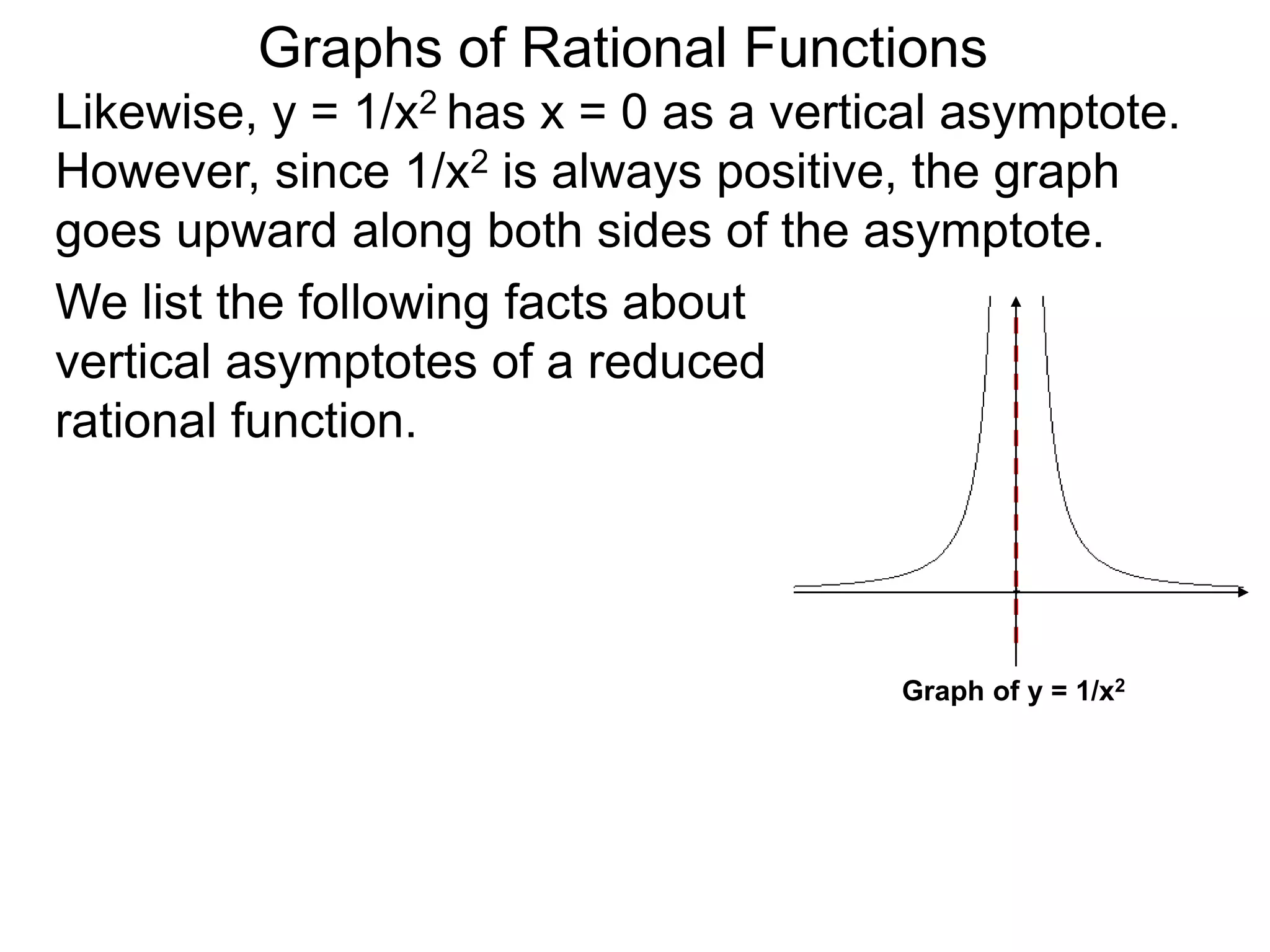 Likewise, y = 1/x2 has x = 0 as a vertical asymptote.
However, since 1/x2 is always positive, the graph
goes upward along both sides of the asymptote.
We list the following facts about
vertical asymptotes of a reduced
rational function.
Graphs of Rational Functions
Graph of y = 1/x2
 
