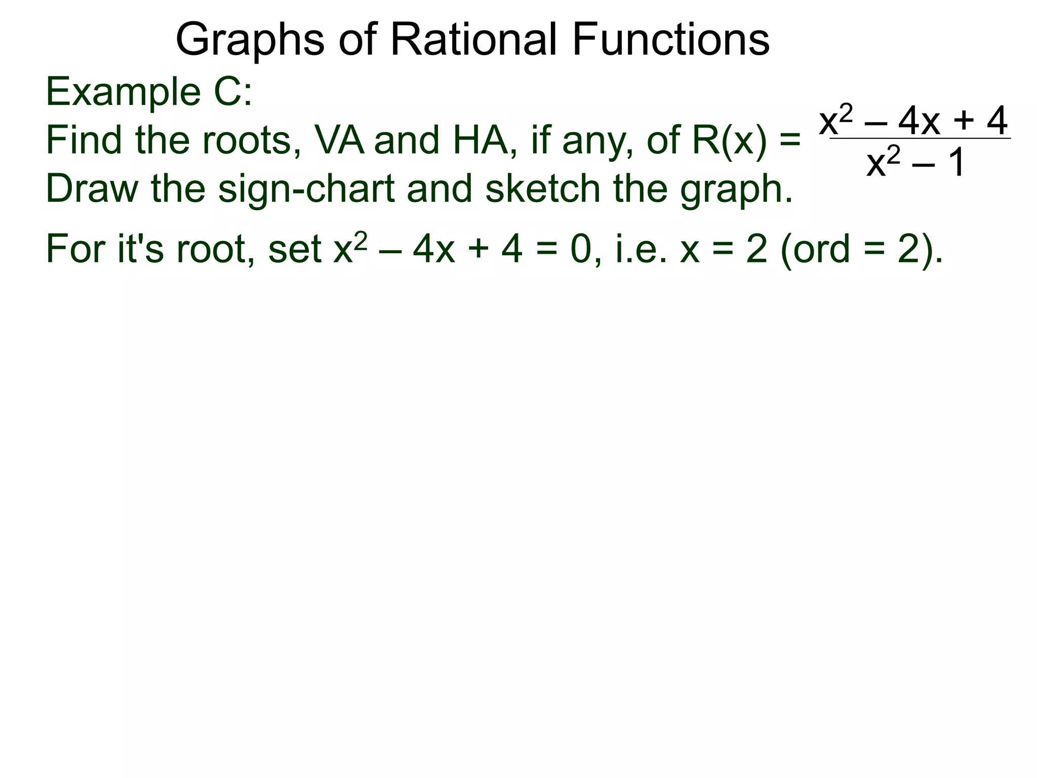 Graphs of Rational Functions
Example C:
Find the roots, VA and HA, if any, of R(x) =
Draw the sign-chart and sketch the graph.
x2 – 4x + 4
x2 – 1
For it's root, set x2 – 4x + 4 = 0, i.e. x = 2 (ord = 2).
 