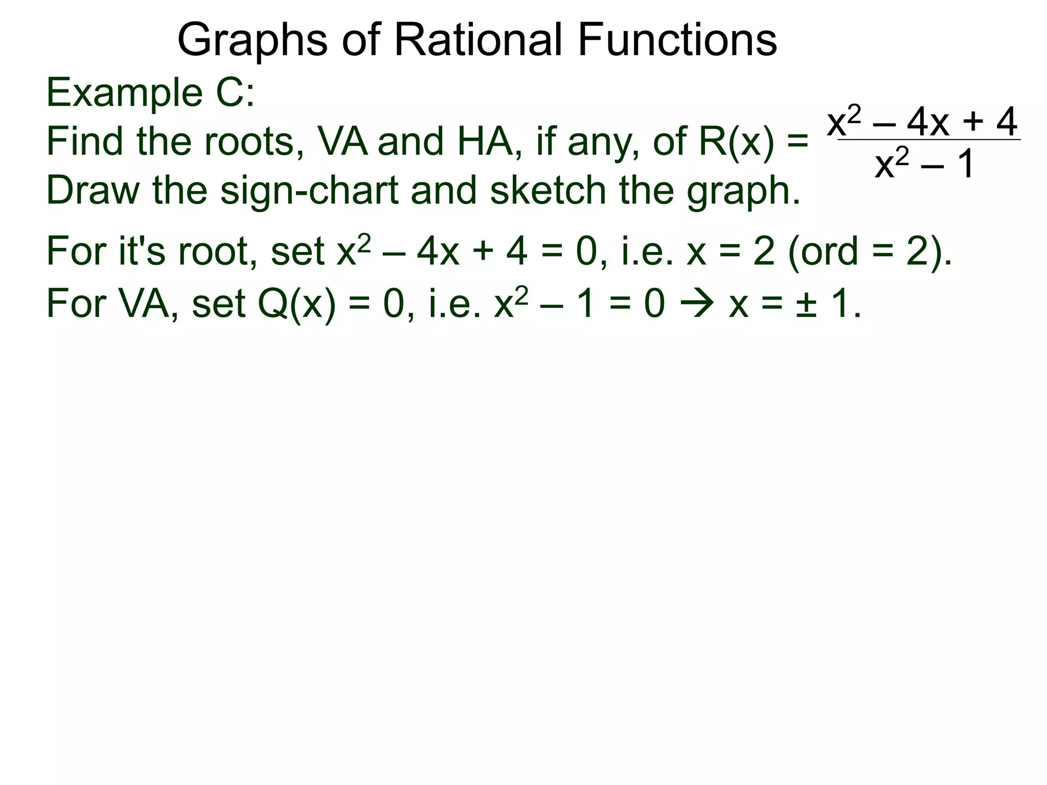 Graphs of Rational Functions
Example C:
Find the roots, VA and HA, if any, of R(x) =
Draw the sign-chart and sketch the graph.
x2 – 4x + 4
x2 – 1
For it's root, set x2 – 4x + 4 = 0, i.e. x = 2 (ord = 2).
For VA, set Q(x) = 0, i.e. x2 – 1 = 0  x = ± 1.
 