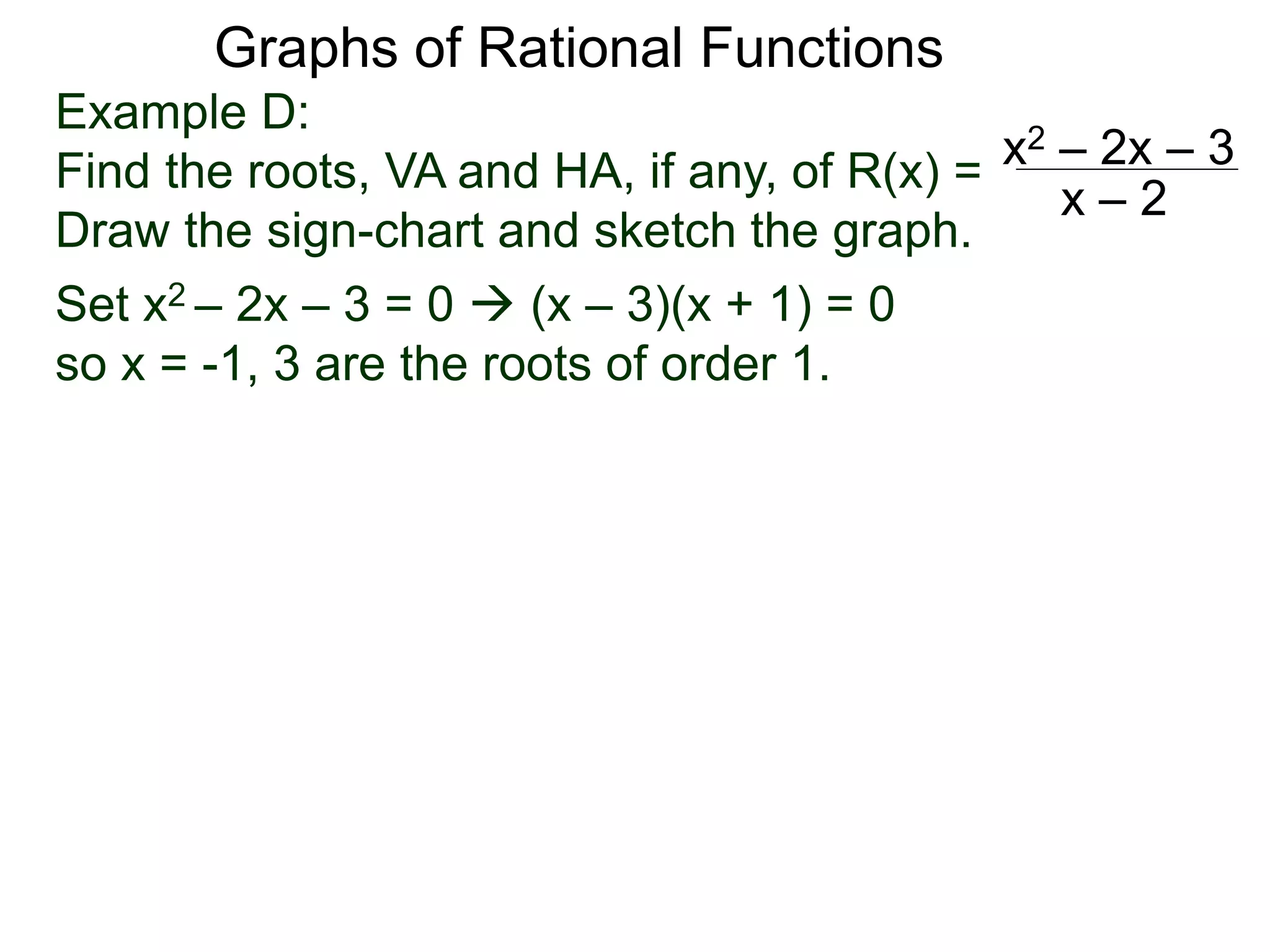 Graphs of Rational Functions
Example D:
Find the roots, VA and HA, if any, of R(x) =
Draw the sign-chart and sketch the graph.
x2 – 2x – 3
x – 2
Set x2 – 2x – 3 = 0  (x – 3)(x + 1) = 0
so x = -1, 3 are the roots of order 1.
 