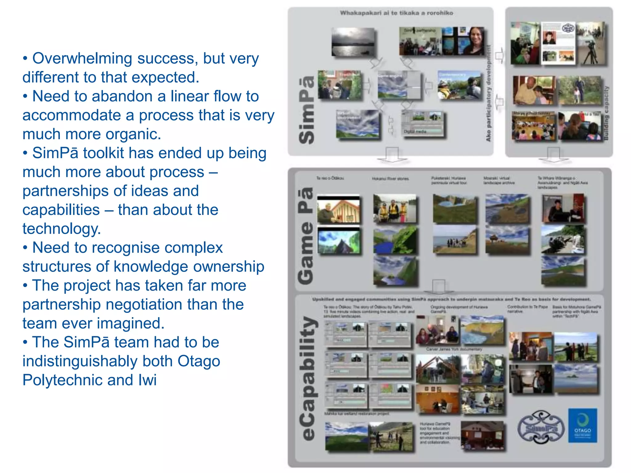 • Overwhelming success, but very
different to that expected.
• Need to abandon a linear flow to
accommodate a process that is very
much more organic.
• SimPā toolkit has ended up being
much more about process –
partnerships of ideas and
capabilities – than about the
technology.
• Need to recognise complex
structures of knowledge ownership
• The project has taken far more
partnership negotiation than the
team ever imagined.
• The SimPā team had to be
indistinguishably both Otago
Polytechnic and Iwi
 