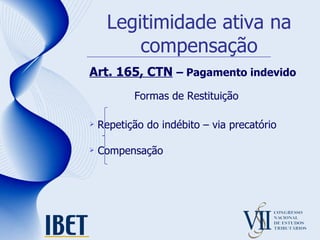Legitimidade ativa na compensação Art. 165, CTN   – Pagamento indevido Repetição do indébito – via precatório Compensação Formas de Restituição 