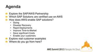 Agenda
 Explore the SAP/AWS Partnership
 Which SAP Solutions are certified use on AWS
 How does AWS enable SAP solutions?
 •   Sizing
 •   Disaster Recovery
 •   Rapid Deployments
 •   Improve Time-to-Market
 •   Save significant Costs
 •   Enable your customers
 Explore real customer examples
 Where do you go from here?
 
