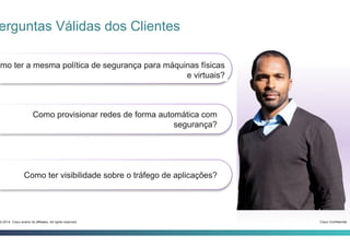 Cisco Confidential3-2014 Cisco and/or its affiliates. All rights reserved.
erguntas Válidas dos Clientes
omo ter a mesma política de segurança para máquinas físicas
e virtuais?
Como provisionar redes de forma automática com
segurança?
Como ter visibilidade sobre o tráfego de aplicações?
 