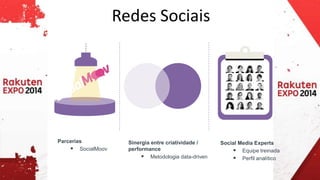 Redes Sociais 
Parcerias 
 SocialMoov 
Sinergia entre criatividade / 
performance 
 Metodologia data-driven 
Social Media Experts 
 Equipe treinada 
 Perfil analítico 
 