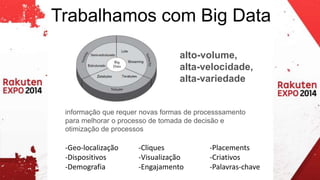 Trabalhamos com Big Data 
alto-volume, 
alta-velocidade, 
alta-variedade 
informação que requer novas formas de processsamento 
para melhorar o processo de tomada de decisão e 
otimização de processos 
-Geo-localização 
-Dispositivos 
-Demografia 
-Cliques 
-Visualização 
-Engajamento 
-Placements 
-Criativos 
-Palavras-chave 
 