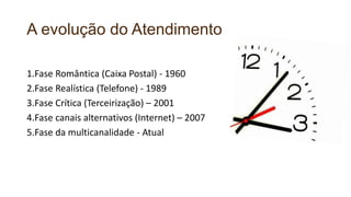 A evolução do Atendimento
1.Fase Romântica (Caixa Postal) - 1960
2.Fase Realística (Telefone) - 1989
3.Fase Crítica (Terceirização) – 2001
4.Fase canais alternativos (Internet) – 2007
5.Fase da multicanalidade - Atual
 