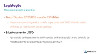 Legislação
- Nota Técnica 2020.006 versão 1.30 (Nfe);
- Novos campos obrigatórios na Nfe. A partir de abril 2022 Nfe não serão
emitidas se não tiverem esses campos.
- Monitoramento LGPD;
- Aprovação do Regulamento do Processo de Fiscalização. Início do ciclo de
monitoramento de empresas em janeiro de 2022.
Atenção para não ficar para trás.
 