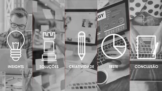COMO CONSEGUIMOS ISSO?
Através de um processo de trabalho claro e objetivo:
INSIGHTS SOLUÇÕES CRIATIVIDADE TESTE CONCLUSÃO
 